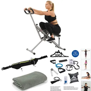 Sunny Health and Fitness Upright Squat Assist Row-N-Ride Trainer Bundle with 7-Piece Fitness Kit, Sports Zippered Waist Bag and Workout Cooling Towel