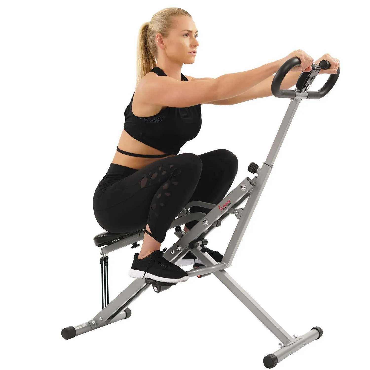 Sunny Health and Fitness Upright Squat Assist Row-N-Ride Trainer Bundle with 7-Piece Fitness Kit, Sports Zippered Waist Bag and Workout Cooling Towel