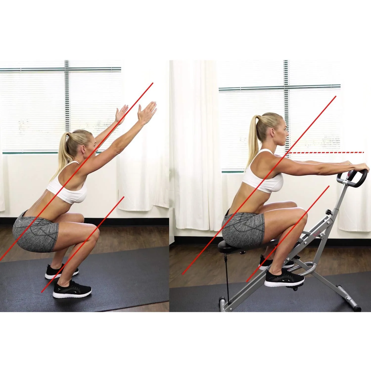 Sunny Health and Fitness Upright Squat Assist Row-N-Ride Trainer Bundle with 7-Piece Fitness Kit, Sports Zippered Waist Bag and Workout Cooling Towel