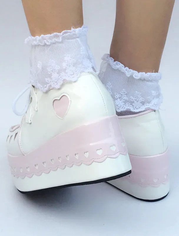 Sweet Lolita Shoes Platform Wedge Lace Up Heart Round Toe Lolita Footwear