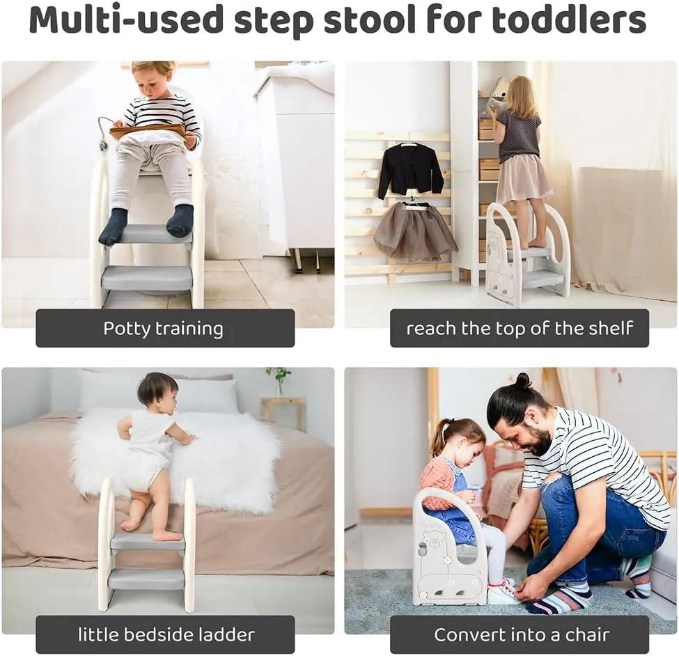 Toddler's Multi-Use Chunky and Funky Non Slip Plastic Step Stool | White & Grey