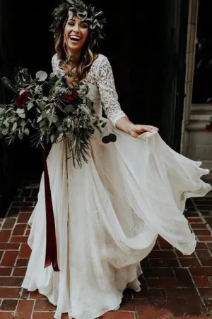 White Chiffon Cheap Two Piece 3/4 Sleeve Wedding Dresses Bridal Gowns, SW263