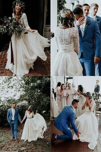 White Chiffon Cheap Two Piece 3/4 Sleeve Wedding Dresses Bridal Gowns, SW263