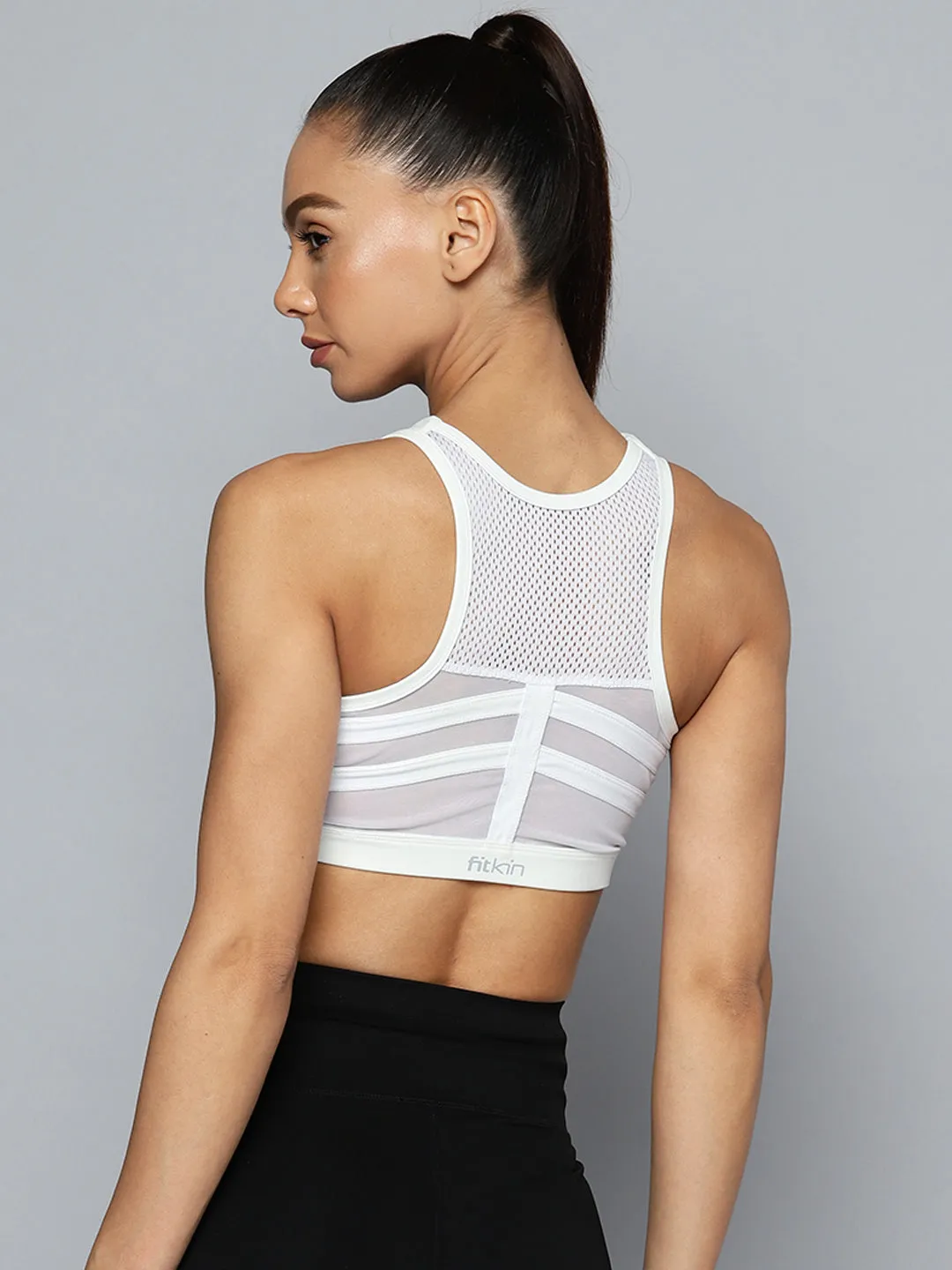 Women White High Impact Sports Bra with Front Zipper