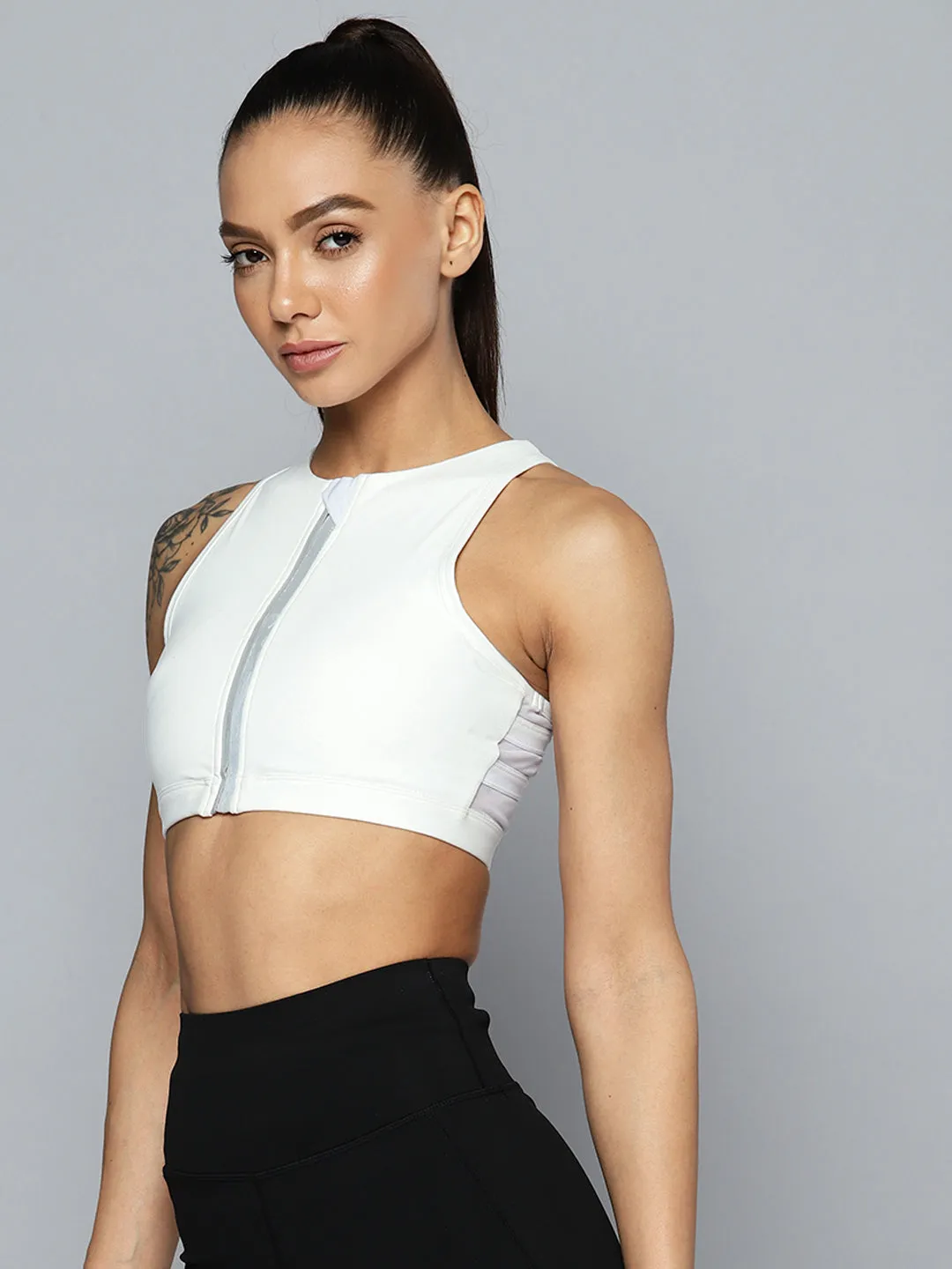 Women White High Impact Sports Bra with Front Zipper