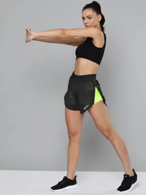 Women's Black & Fluorescent Green Training or Gym Sports Shorts