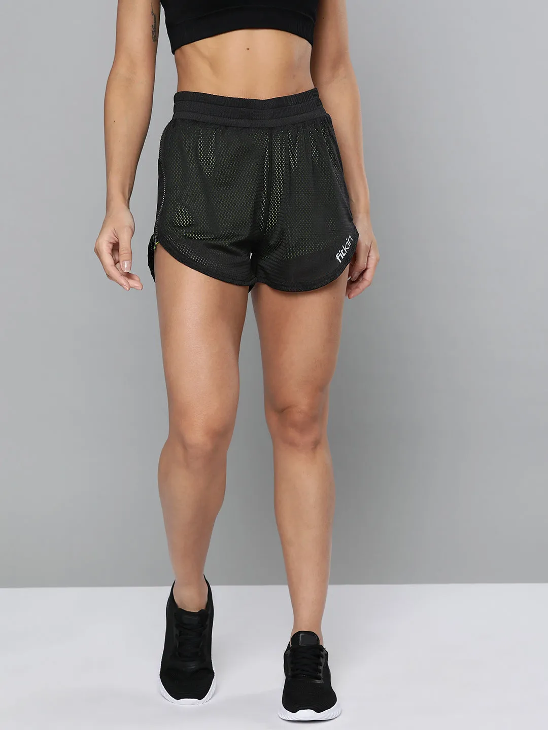 Women's Black & Fluorescent Green Training or Gym Sports Shorts