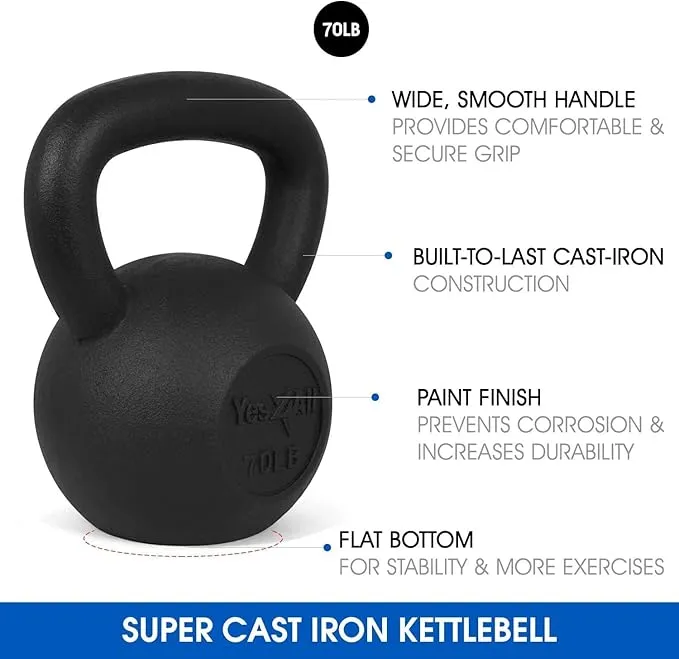 Yes4All 70 lb. Cast Iron Kettlebell for Dumbbell Weights Exercises, Gym, Full Body Home Workout Equipment, Push up, Grip and Strength Training