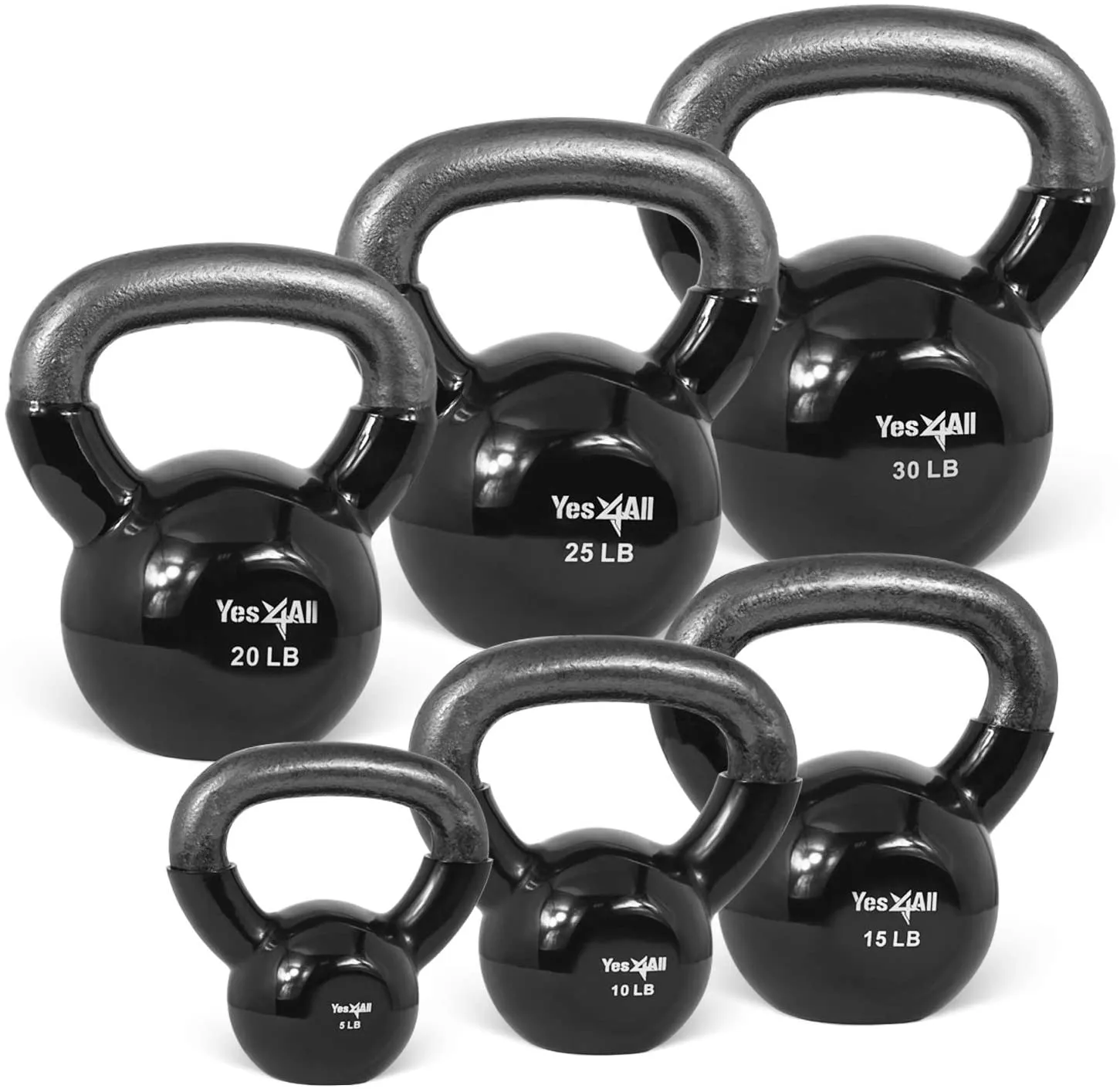 Yes4All Vinyl Coated Kettlebell Set of Weights - Strength Training Kettlebell Sets 25, 30, 35, 45, 60, 70, 105 lbs