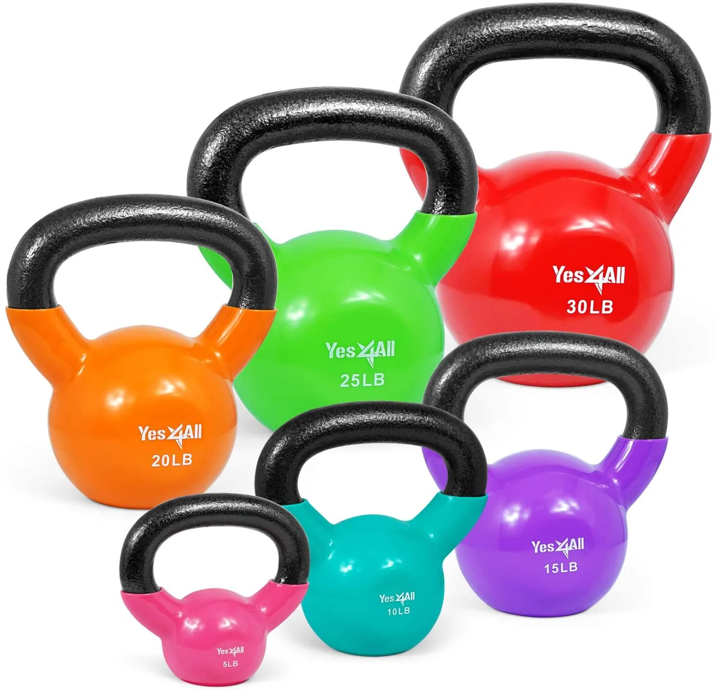 Yes4All Vinyl Coated Kettlebell Set of Weights - Strength Training Kettlebell Sets 25, 30, 35, 45, 60, 70, 105 lbs