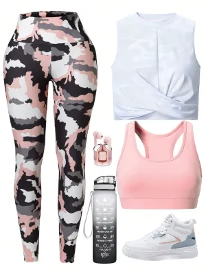 Yoga Funny 3pcs Camo Print Twist Front Sports Set