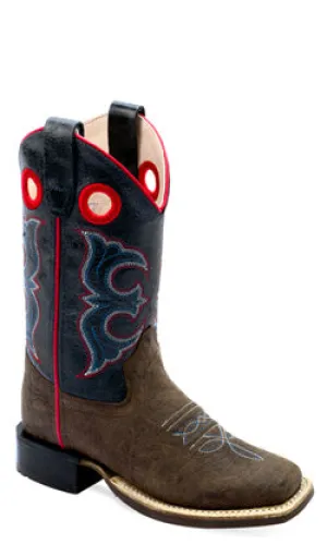 YOUTH (4-7) DK BROWN BULL HIDE/CACTUS NAVY SQ TOE BOOT
