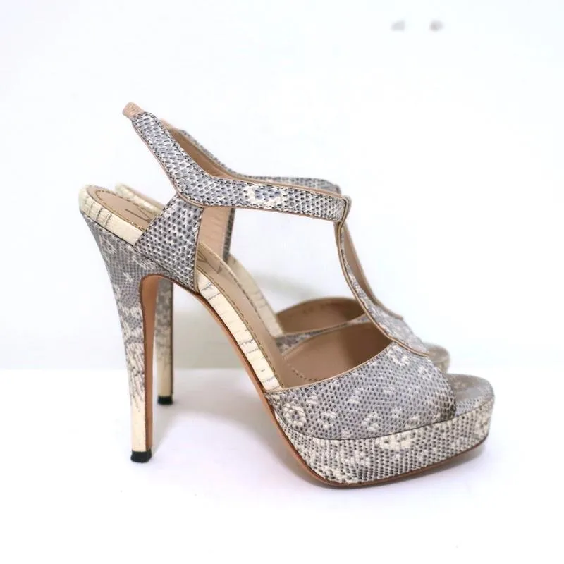 Yves Saint Laurent Platform Sandals Gray Ring Lizard Size 36.5 Open Toe Heels