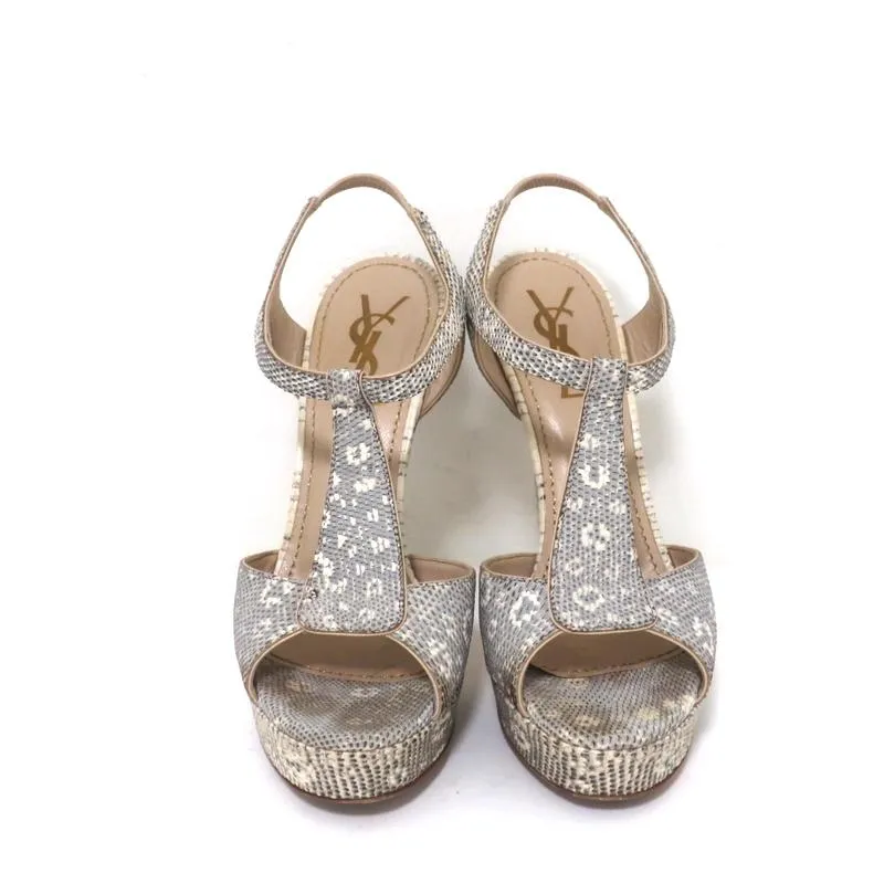 Yves Saint Laurent Platform Sandals Gray Ring Lizard Size 36.5 Open Toe Heels