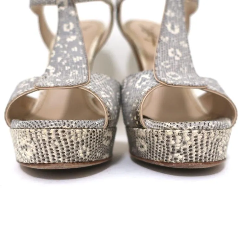 Yves Saint Laurent Platform Sandals Gray Ring Lizard Size 36.5 Open Toe Heels