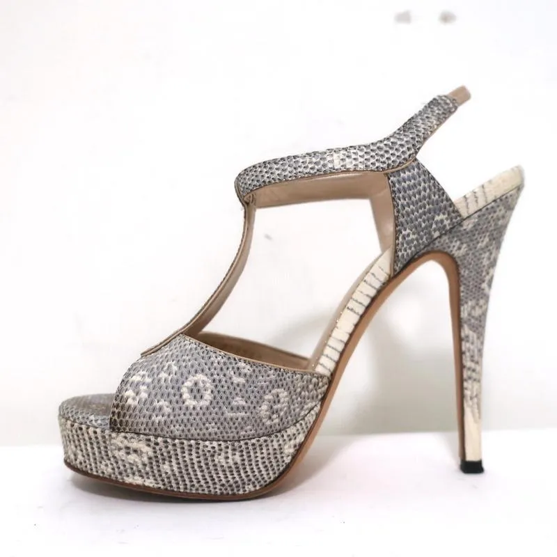Yves Saint Laurent Platform Sandals Gray Ring Lizard Size 36.5 Open Toe Heels
