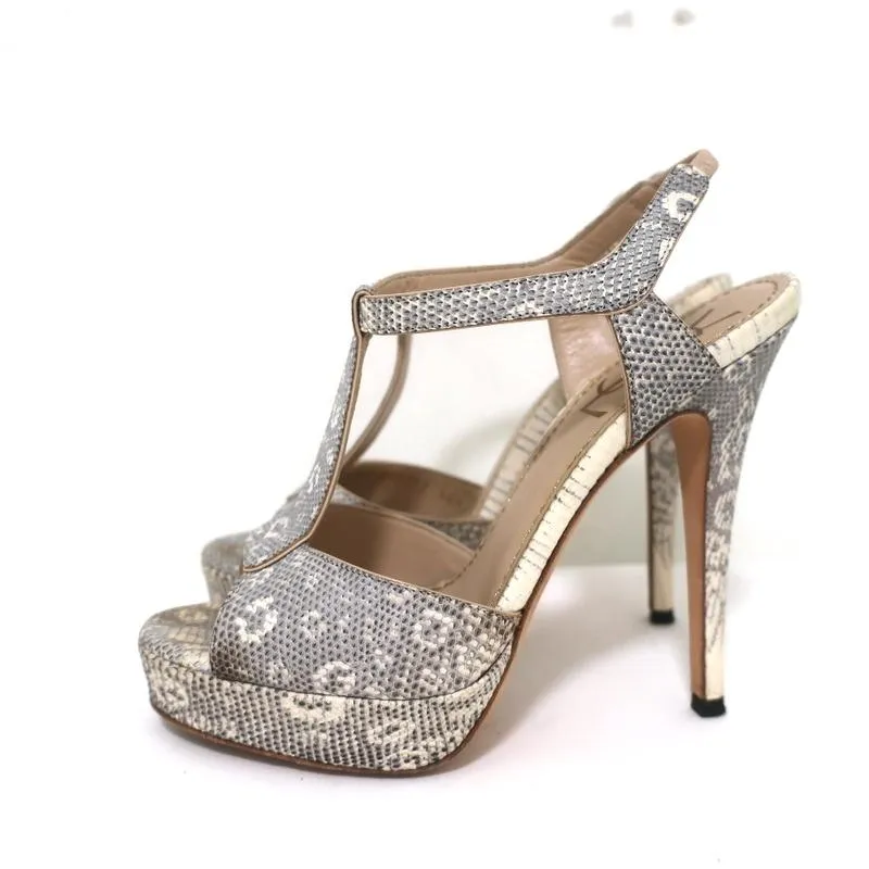 Yves Saint Laurent Platform Sandals Gray Ring Lizard Size 36.5 Open Toe Heels